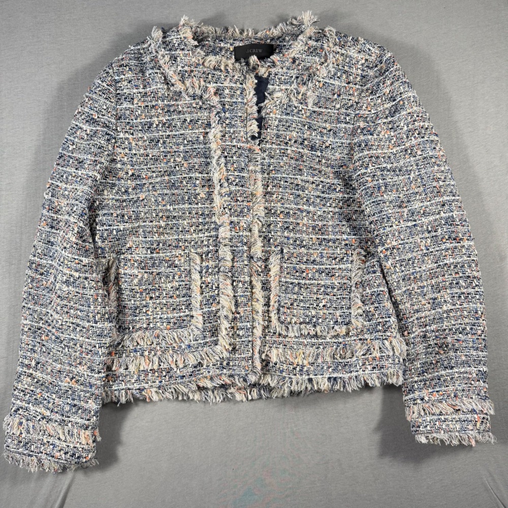 J.Crew Multicolor Tweed Fringe Lady Jacket Blue Orange Size 4 Zip Cuff Pocket